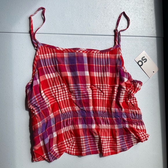 SO Tops - So Crop top red plaid cinch waist cropped tank top casual boho sleeveless